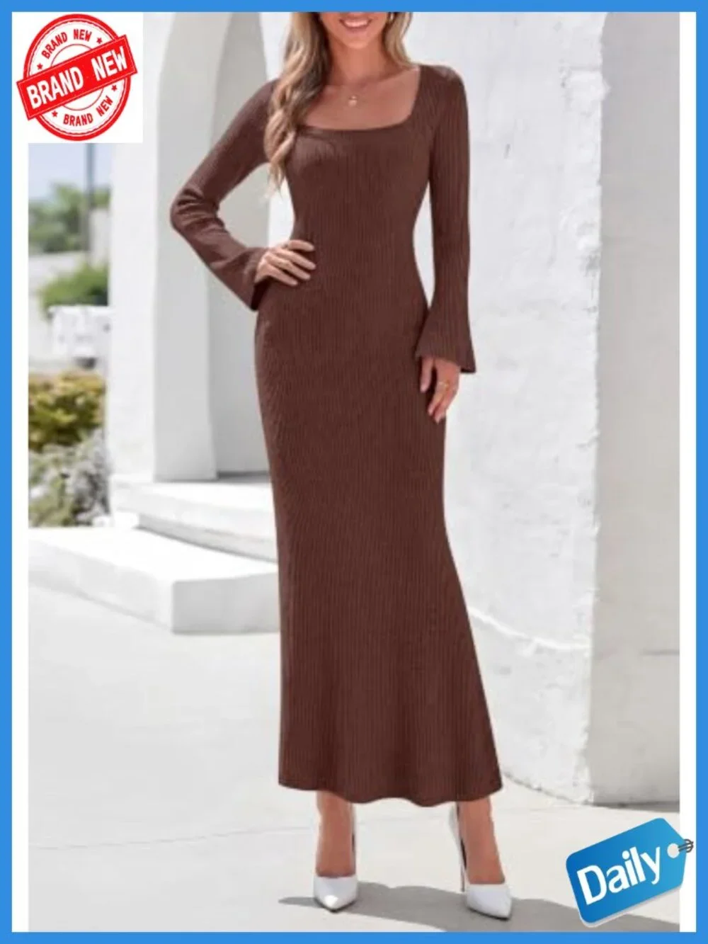 PRETTYGARDEN Women's Long Sleeve Maxi Bodycon Dress Ribbed Knit Bell Sleeve - Picture 2 of 6